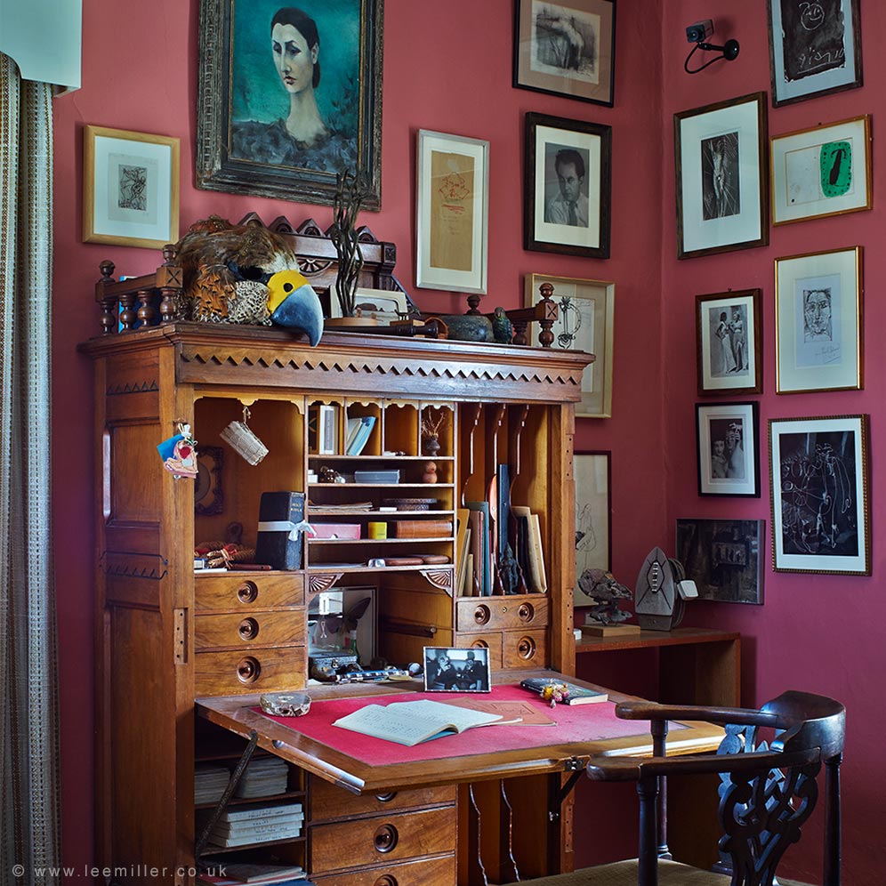 Desk and artworks displayed in Roland Penrose's study at Farleys