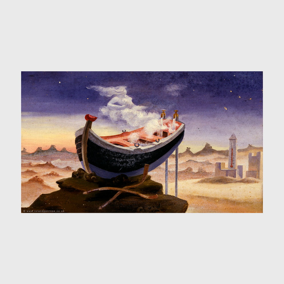 Surreal painting by Roland Penrose of a bath boat.