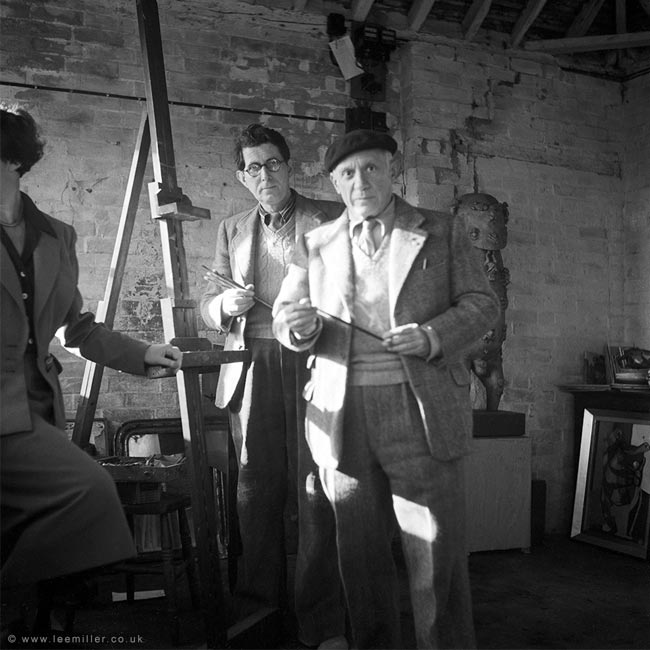 Picasso and Roland Penrose in the studio at Farleys