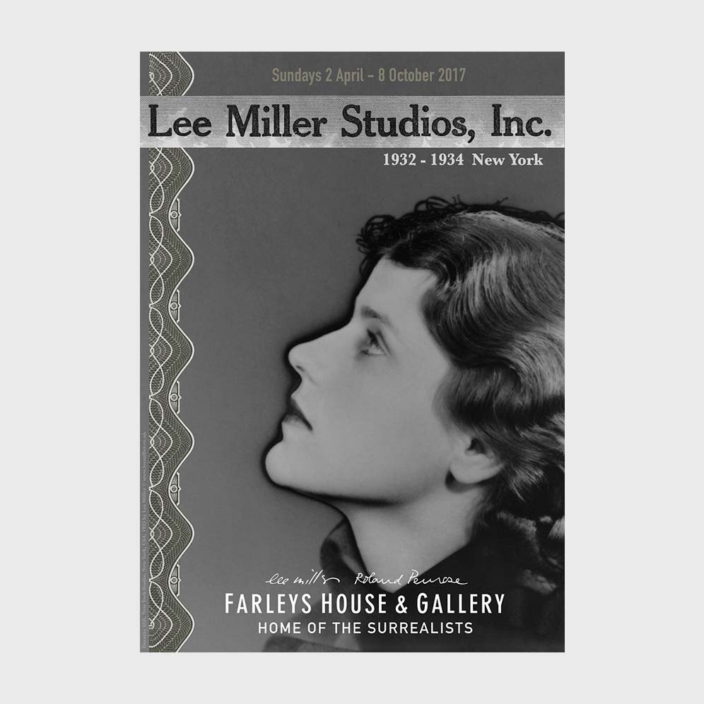 Poster for Lee Miller Studios, Inc exhibition featuring solarised profile of woman
