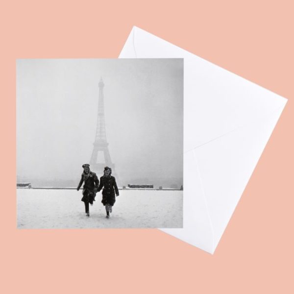 Image of greeting card of Lee Miller photograph of couple running in front of the Eiffel Tower