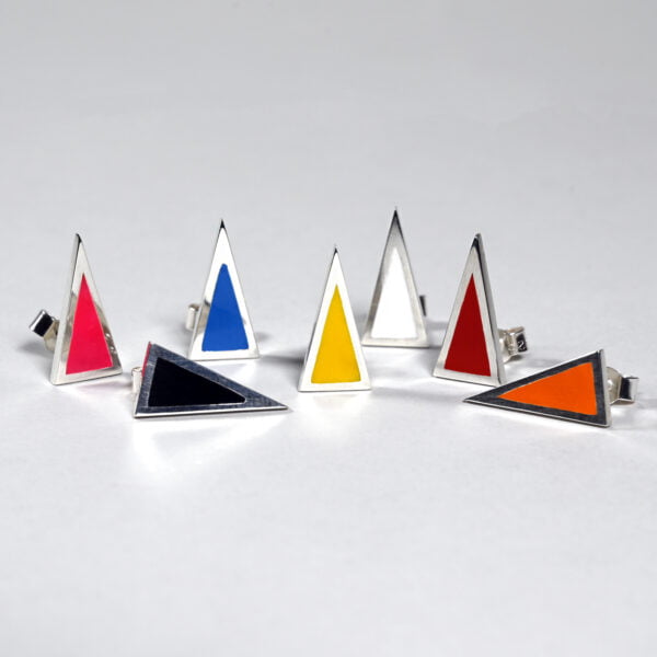 Picture of triangular earrings made of silver and coloured resin
